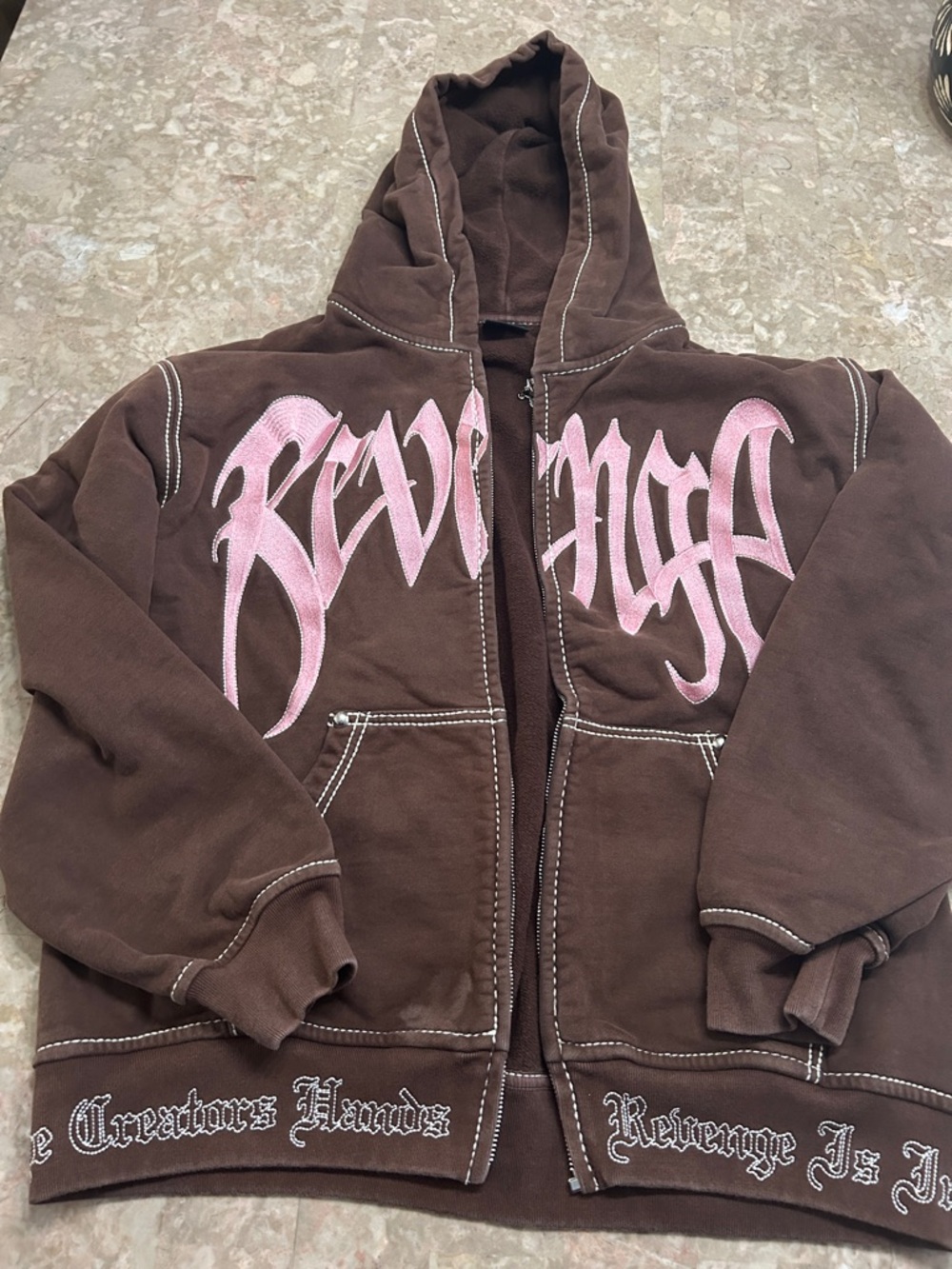Revenge Clothing Brown Zip-Up Hoodie with Pink Logo